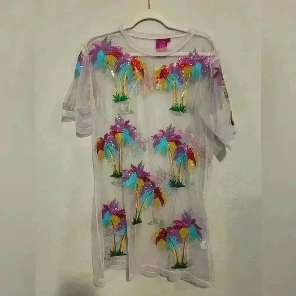 NWT QUEEN OF SPARKLES white palm tree sheer cover up - Picture 7 of 7